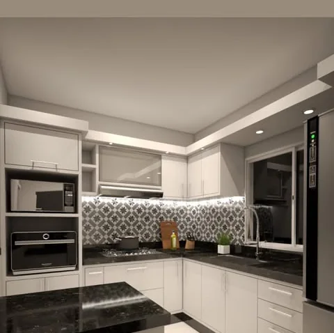 Render 3D de una cocina en L con alacenas blancas y mesada negra